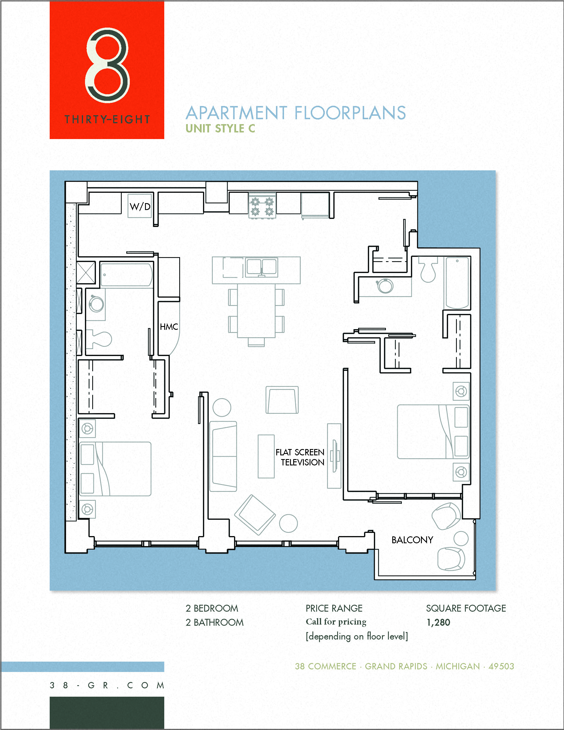 Floor plan for 2 beds, 2 baths, 1280 sqft